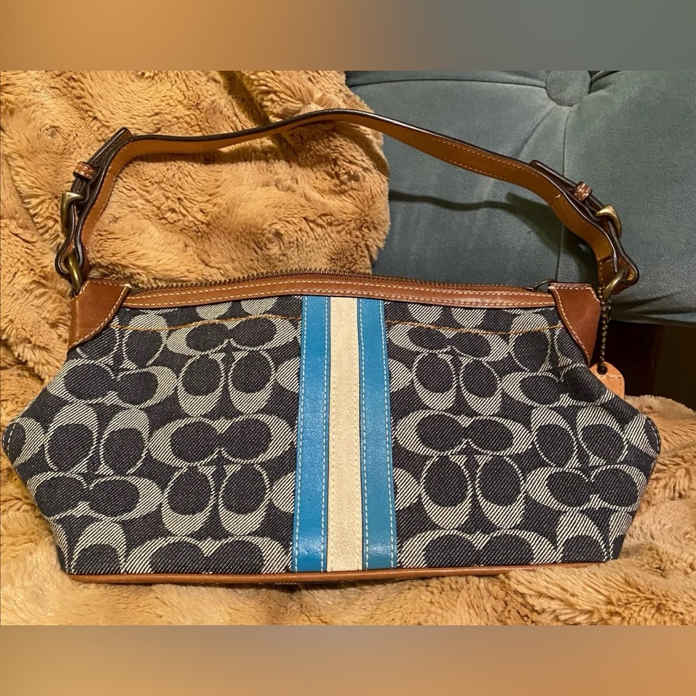 Vintage Coach Denim Monogram Shoulder Bag with Blue & Cream Stripe